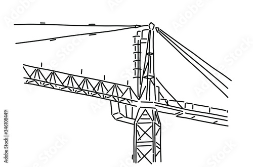 Close up tower crane at a construction site on the white background in doodle hand drawn.eps