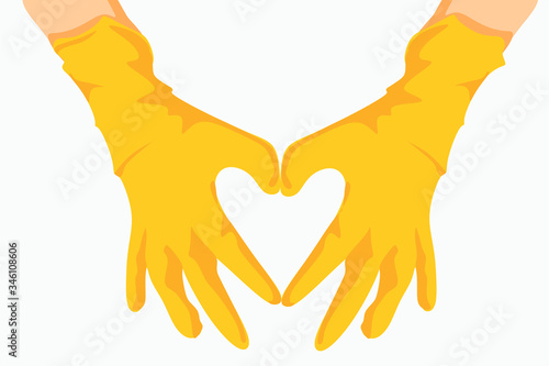 Hands in the shape of a heart. Human hands in yellow latex gloves show a vector illustration of the heart symbol. Isolated on a white background. Motivated the gesture of the hands