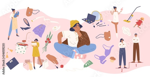 Pensive casual woman surrounded by abstract different things vector graphic illustration. Cartoon female character thinking about daily problem and happiness isolated on white. Concept of women world