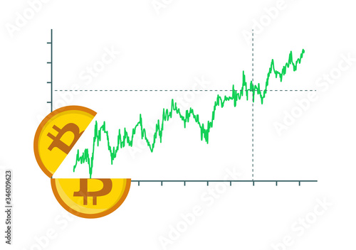 Vector image of bitcoin halving and an upwards chart - bitcoin gains, increase or profit