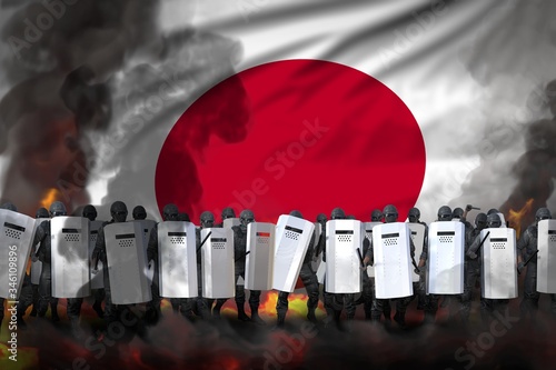 Japan protest stopping concept, police squad in heavy smoke and fire protecting country against riot - military 3D Illustration on flag background