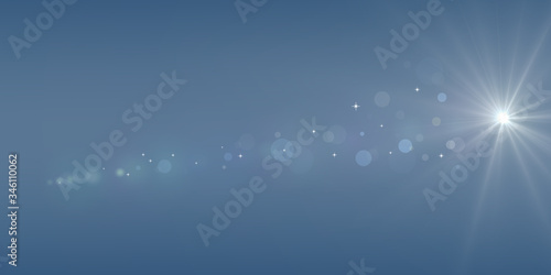 Abstract blurred blue dark background with light glare, bokeh and glowing particles. Abstract illustration. Light beam