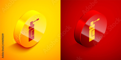 Isometric Medical bottle with nozzle spray for the treatment of diseases of the nose and throat icon isolated on orange and red background. Circle button. Vector Illustration