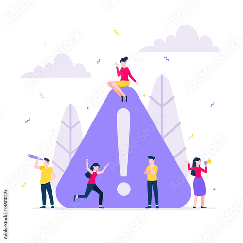 Attention please concept vector illustration with tiny people with big attention sign. Digital marketing, advertising, business promotion, important announcement flat design vector composition.