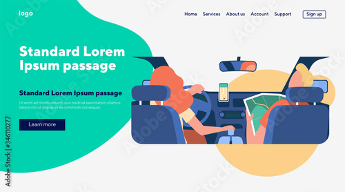 Driver and passenger navigating on road within map and mobile app. Back view of people inside car interior. Vector illustration for navigation, driving, travel, transportation concept