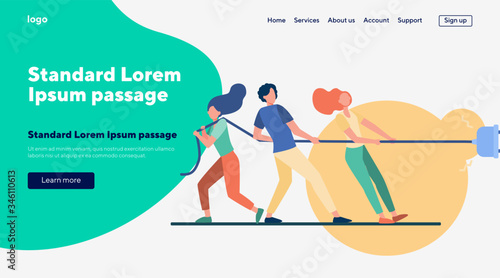 Groups of people pulling rope in tug of war play. Struggling team competing with each other. Vector illustration for game, contest, competition, confrontation concept