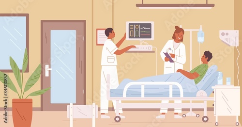 Female doctor and nurse visit male patient in intensive therapy room at hospital vector flat illustration. Cartoon medical personnel working at clinic interior. Sick man with dropper lying on bed