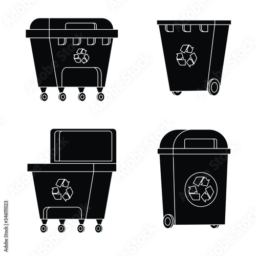 Set of garbage cans. Rubbish containers collection. Concept of waste recycle and ecology. Isolated on white background. Vector illustration.