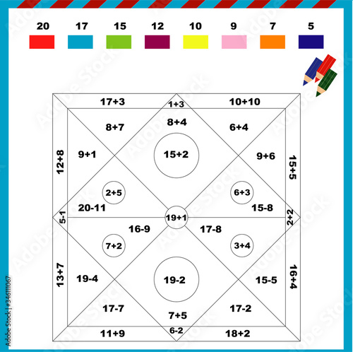 Color by numbers drawing pattern abstraction - addition and subtraction of a sheet for trainingПечать