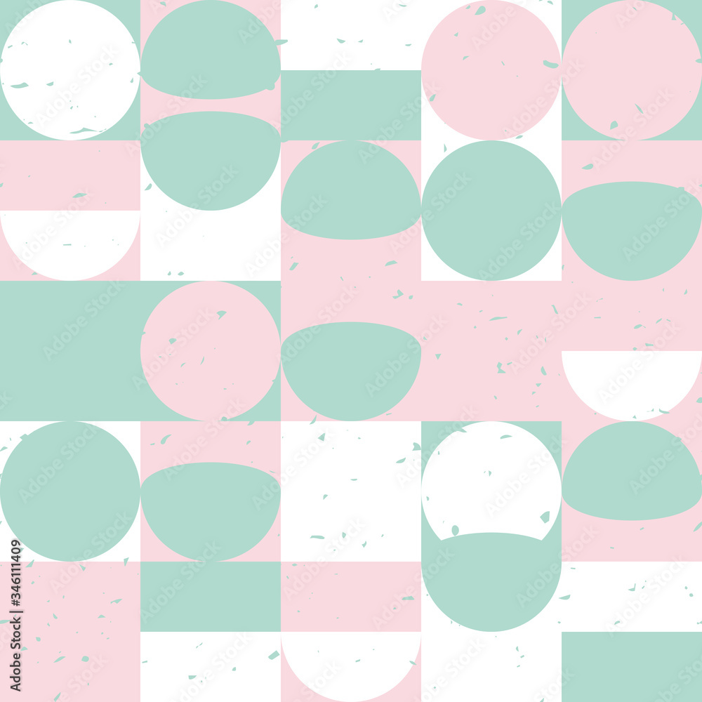 Modern vector abstract seamless geometric pattern with semicircles, squares and circles in retro scandinavian style. Pastel colors shapes with worn out texture on white background. Modern vector abstract seamless geometric pattern with semicircles, squares and circles in retro scandinavian style. Pastel colors shapes with worn out texture on white background.