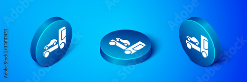 Isometric Car transporter truck for transportation of car icon isolated on blue background. Blue circle button. Vector Illustration