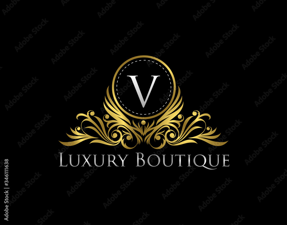 Premium Golden Badge V Letter Icon. Luxury Gold Boutique Logo Vector Design. Premium Golden Badge V Letter Icon. Luxury Gold Boutique Logo Vector Design.