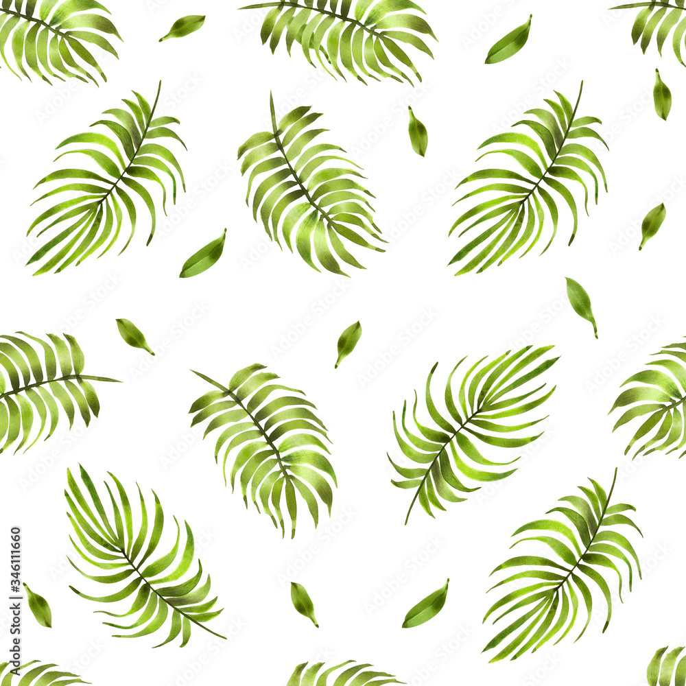 Watercolor Palm leaves seamless pattern. Summer tropical minimal Background  