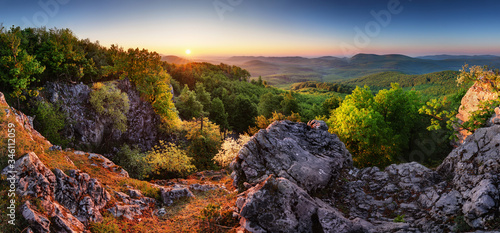 Sprinf forest moutain landscape panorama at sunrise, Slovakia