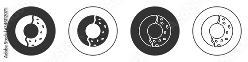 Black Donut with sweet glaze icon isolated on white background. Circle button. Vector Illustration