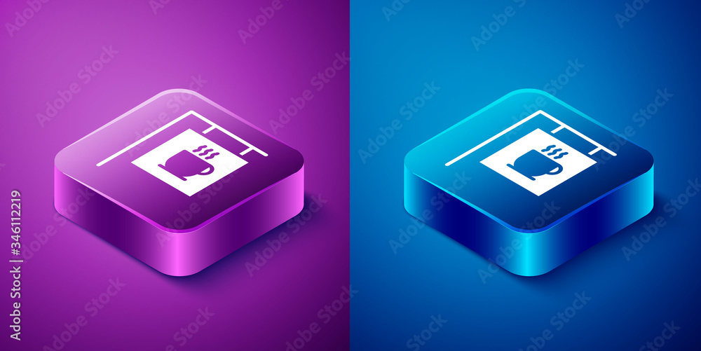 Isometric Street signboard coffee icon isolated on blue and purple background. Square button. Vector Illustration Isometric Street signboard coffee icon isolated on blue and purple background. Square button. Vector Illustration