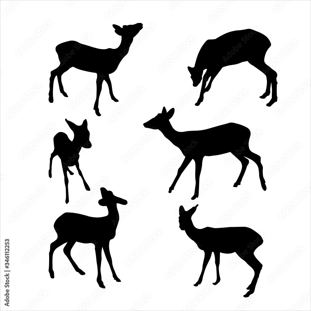 Fototapeta premium Baby deer vector silhouettes icon illustration sign isolated on white background for eco banner, encyclopedia, animal application site. Set of silhouettes of a young deer in different poses.