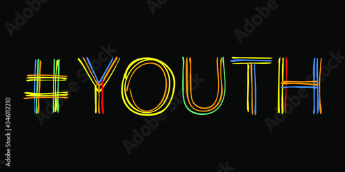 Hashtag Youth. Isolate doodle lettering inscription from multi-colored curved lines like from a felt-tip pen or pensil. For banners, flyers, cards, souvenirs and prints on clothing.