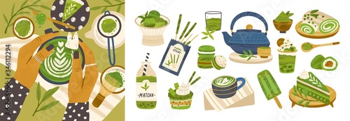 Set of different tasty matcha food vector flat illustration. Collection of cartoon healthy delicious and drink isolated on white. Female hands enjoying latte beverage and dessert. Organic meal