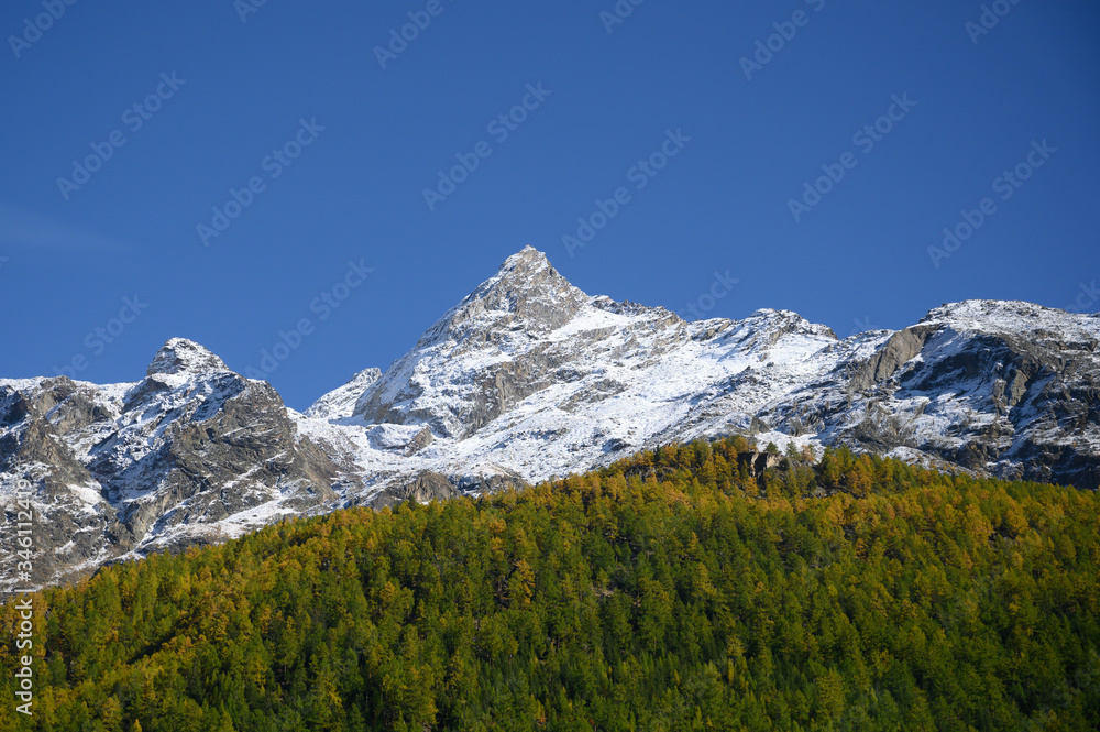 Beautiful autumn, snow-capped mountains and blue sky.