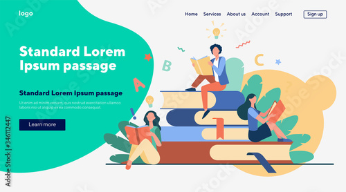 Students studying textbooks. Woman sitting on stack of books and reading. Vector illustration for library, bookworm, bookstore concept