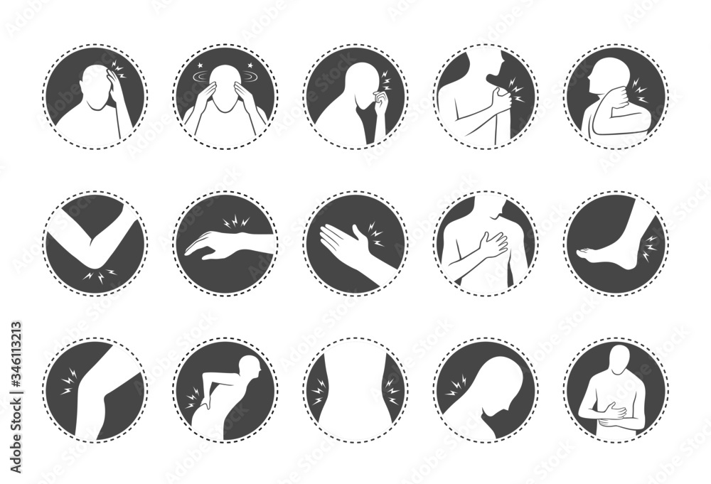 human body pain icon set, flat design in circle frame human body pain icon set, flat design in circle frame