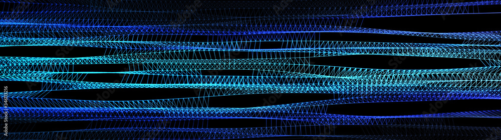 Fototapeta premium Network of bright connected dots and lines. Abstract dynamic wave of many points. Digital background. 3D rendering.