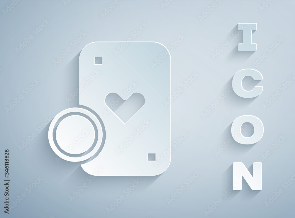 Paper cut Casino chip and playing cards icon isolated on grey background. Casino poker. Paper art style. Vector Illustration Paper cut Casino chip and playing cards icon isolated on grey background. Casino poker. Paper art style. Vector Illustration