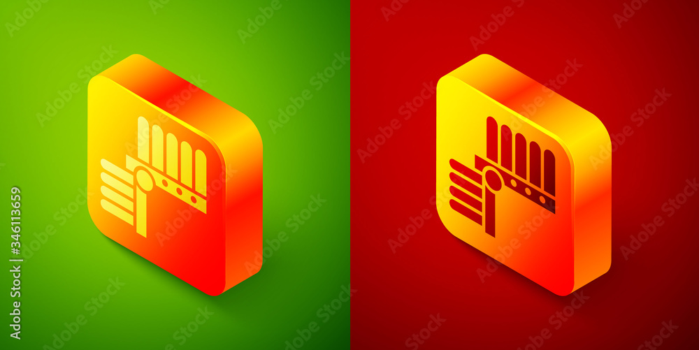 Isometric Indian headdress with feathers icon isolated on green and red background. Native american traditional headdress. Square button. Vector Illustration Isometric Indian headdress with feathers icon isolated on green and red background. Native american traditional headdress. Square button. Vector Illustration