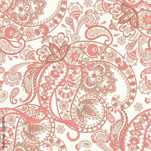 Paisley ethnic seamless pattern with floral elements.