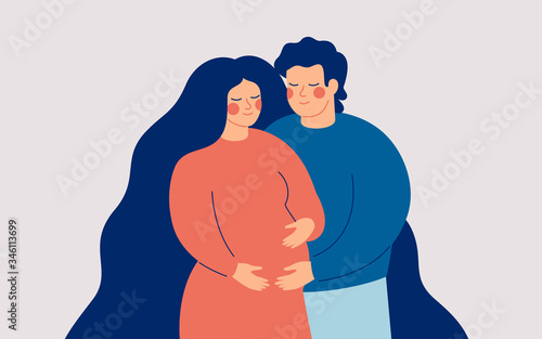 Young man embraces his smiling pregnant woman. The husband supports his wife expecting a baby. Family concept. Vector illustration