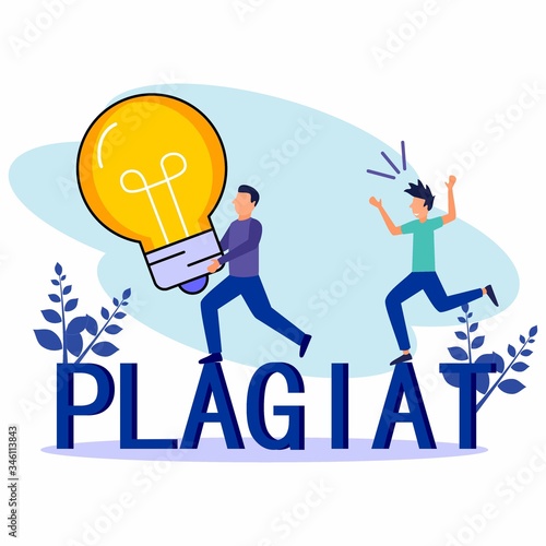Vector illustration, stealing and plagiarizing ideas, thoughts, a man running away with a light bulb in his hand and being chased by the owner to catch him.