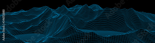 Vector wireframe 3d landscape. Technology grid illustration. Network of connected dots and lines. Futuristic background.