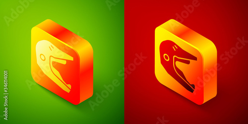 Isometric Motocross motorcycle helmet icon isolated on green and red background. Square button. Vector Illustration