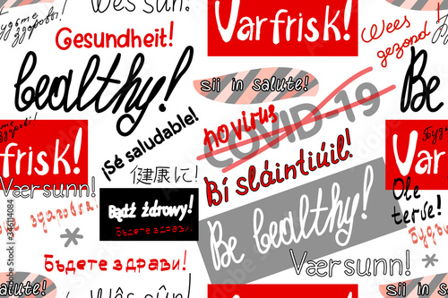 Handwritten Letters no virus, Be healthy! Black red text in different languages of the world isolated on white background, vector seamless pattern for background