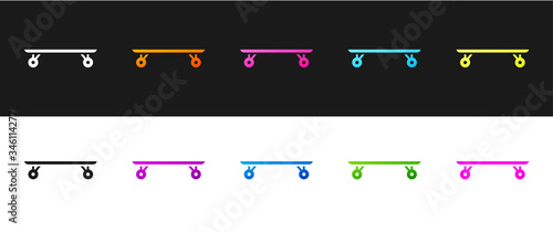 Set Longboard or skateboard cruiser icon isolated on black and white background. Extreme sport. Sport equipment. Vector Illustration