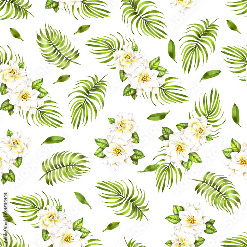 Floral  Background with Gardenia Bloom and palm Leaves. Seamless pattern with white garden flowers