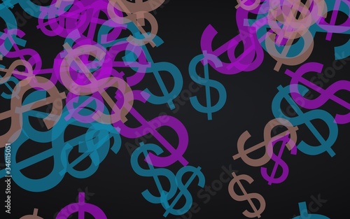 Multicolored translucent dollar signs on dark background. Red tones. 3D illustration