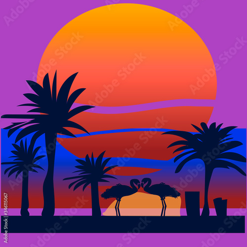two romantic flamingos silhouettes with tropical leaves vector illustration