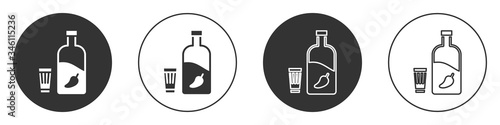 Black Vodka with pepper and glass icon isolated on white background. Ukrainian national alcohol. Circle button. Vector Illustration