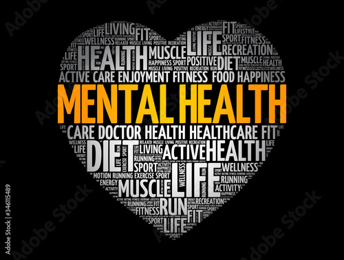 Mental health heart word cloud, fitness, sport, health concept background