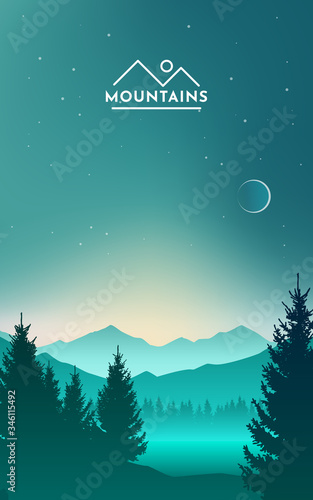 Mountains and lake at night landscape flat vector illustration. Nature scenery with fir trees and hill peaks silhouettes on horizon. Valley, river and starry sky scene background.