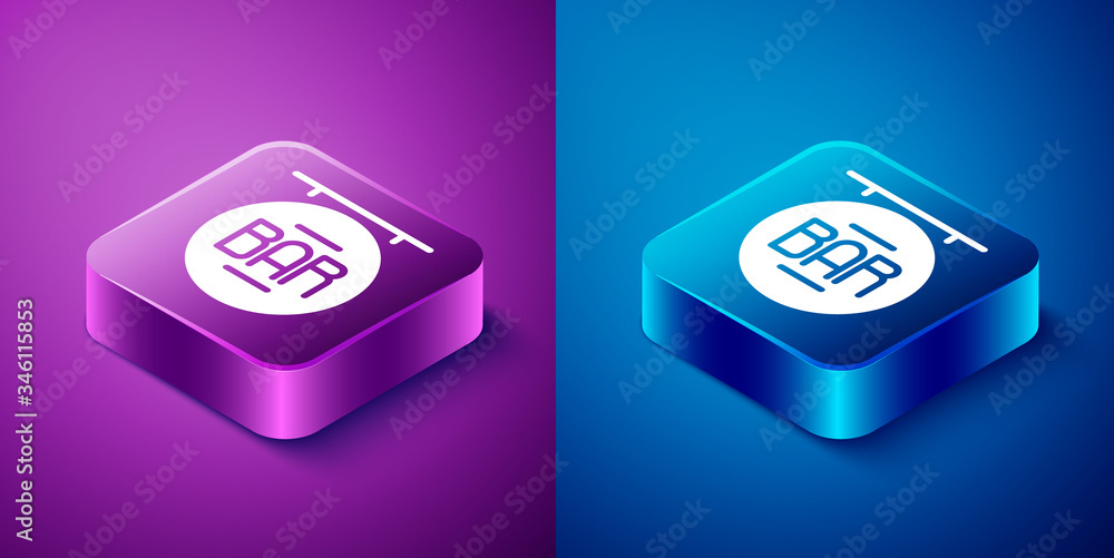 Isometric Street signboard with inscription Bar icon isolated on blue and purple background. Suitable for advertisements bar, cafe, restaurant. Square button. Vector Illustration Isometric Street signboard with inscription Bar icon isolated on blue and purple background. Suitable for advertisements bar, cafe, restaurant. Square button. Vector Illustration