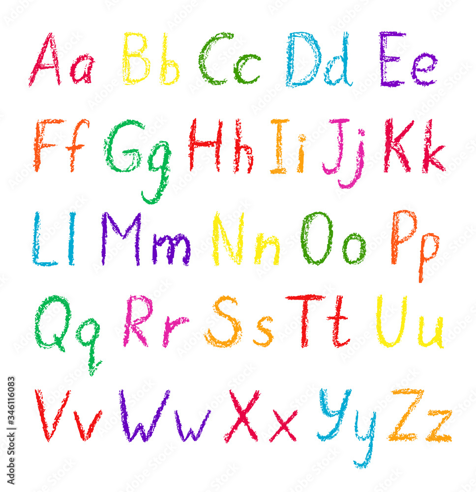 Vector alphabet set. Hand drawn wax crayons font on white background. Isolated chalk style abc. Children drawling style color letters collection. Bright colorful childish symbols. Chalk styled type. Vector alphabet set. Hand drawn wax crayons font on white background. Isolated chalk style abc. Children drawling style color letters collection. Bright colorful childish symbols. Chalk styled type.