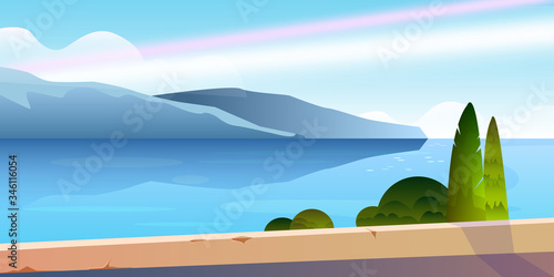 Horizontal summer landscape with mountain, sea, cypress, bushes, road. Mediterranean view with lake, clouds, blue sky. Natural background for travel agencies, posters, advertisements