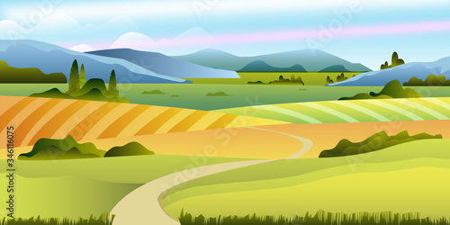 Summer rural landscape with mountains, hills, road, fields, bushes and trees. Farming panoramic view in flat style. Countryside nature background for advertisements, packages, wallpapers, etc
