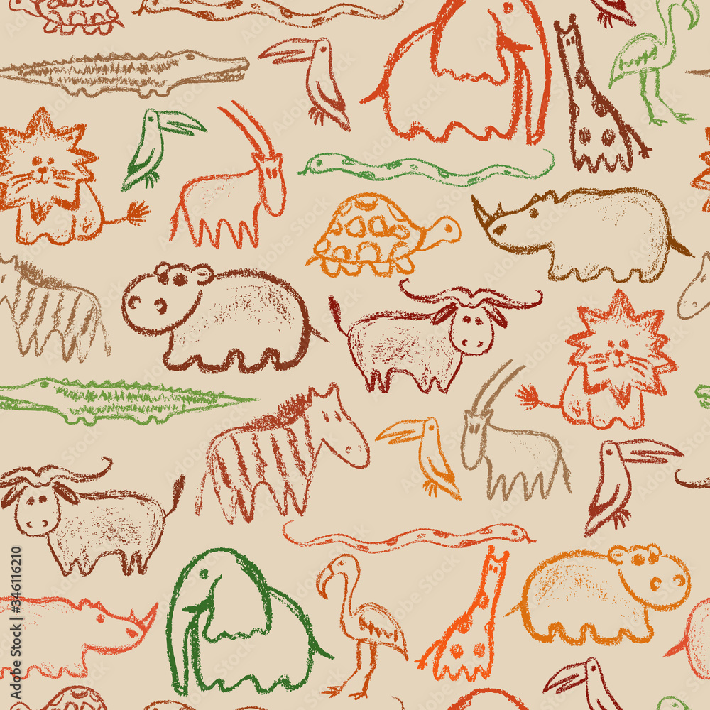 African animals crayon pattern. Children drawling style color animal. Hand drawn wax crayons art on white background. Isolated chalk style icons. Pastel sketch safari animal.Freehand wild animal print African animals crayon pattern. Children drawling style color animal. Hand drawn wax crayons art on white background. Isolated chalk style icons. Pastel sketch safari animal.Freehand wild animal print