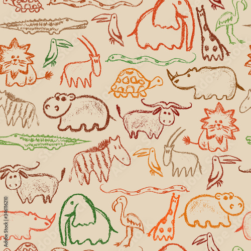 African animals crayon pattern. Children drawling style color animal. Hand drawn wax crayons art on white background. Isolated chalk style icons. Pastel sketch safari animal.Freehand wild animal print