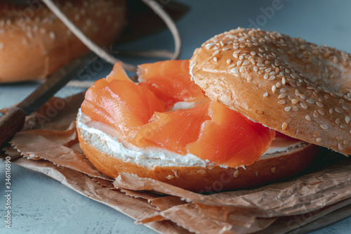 Photos Fresh made Bagel with Salmon on paper