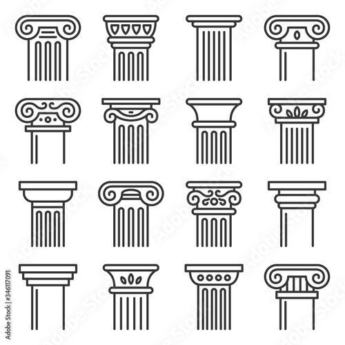 Ancient Columns Icon Set. Line Style Vector